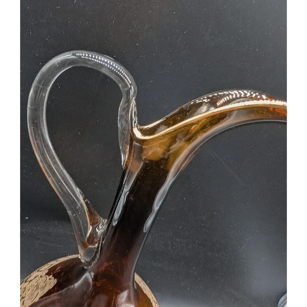 Vintage Amber Smoke Glass Decanter Gold Encrusted Floral Scroll Pedestal Handle